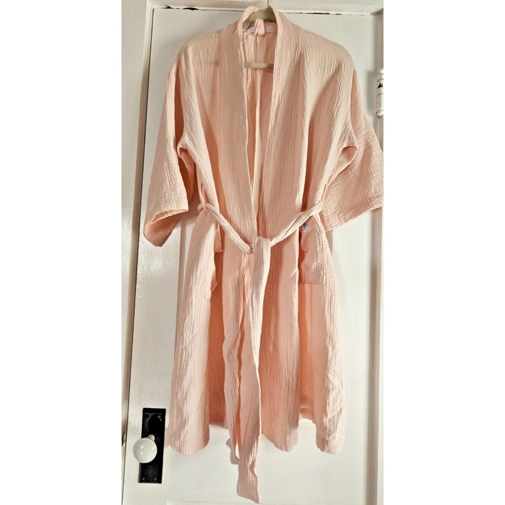 Bliss light pink waffle cotton gauzy knit long robe lougewear S/M
